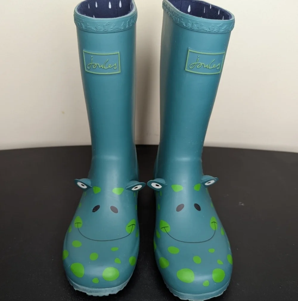 Joules Junior Roll Up Frog Print Wellington Boots Green Kids Size 2